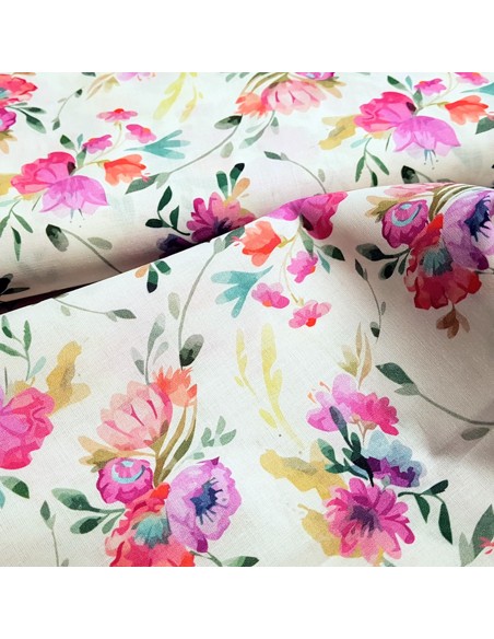 Tissu, Voile de Coton Fleuri, Rose, Laize 145 cm, 100% Coton