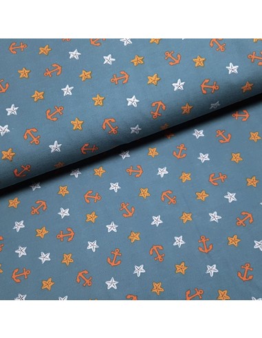 Tissu, Jersey de Coton Imprimé Ancres et Étoiles de Mer, Bleu Jeans Marin, Laize 150 cm, Coton Stretch Oeko-Tex
