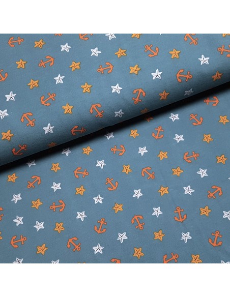 Tissu, Jersey de Coton Imprimé Ancres et Étoiles de Mer, Bleu Jeans Marin, Laize 150 cm, Coton Stretch Oeko-Tex