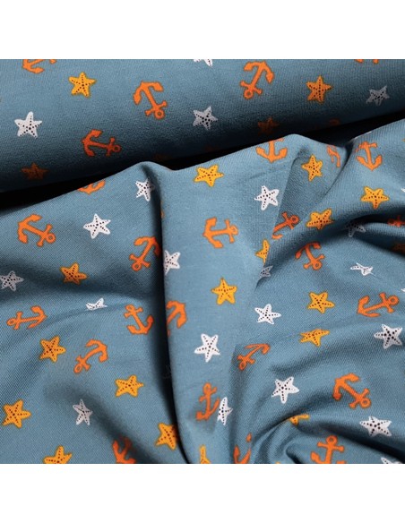 Tissu, Jersey de Coton Imprimé Ancres et Étoiles de Mer, Bleu Jeans Marin, Laize 150 cm, Coton Stretch Oeko-Tex