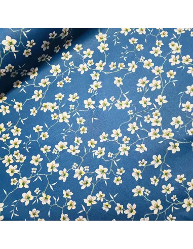 Coton enduit, fleurs d'amandier, bleu paon