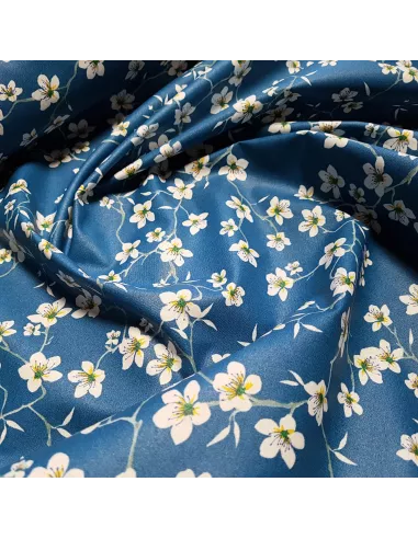 Coton enduit, fleurs d'amandier, bleu paon