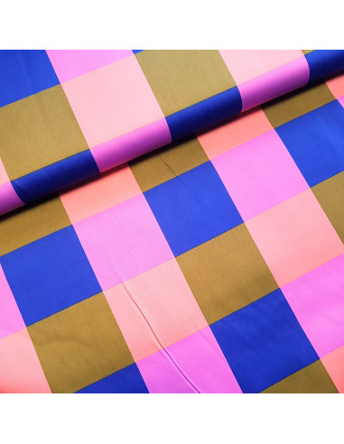 Tissu, Satin de Coton Grands Carreaux Gingham, Multicolore, Laize 150 cm, 100% Coton 115g/m²