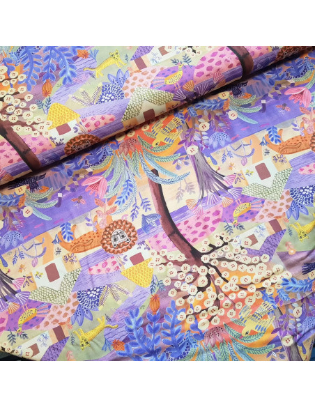 Tissu, Viscose Imprimée Lion & Coyote, Violet, Laize 140 cm, 100% Viscose 161g/m²