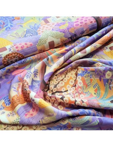 Tissu, Viscose Imprimée Lion & Coyote, Violet, Laize 140 cm, 100% Viscose 161g/m²