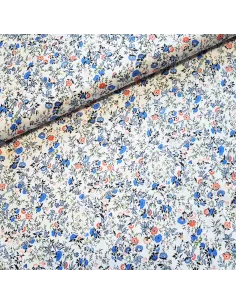 Tissu, Popeline de Coton Fleurie, Bleu sur Fond Blanc, Laize 140 cm, 100% Coton 138g/m²
