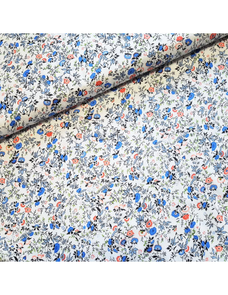 Tissu, Popeline de Coton Fleurie, Bleu sur Fond Blanc, Laize 140 cm, 100% Coton 138g/m²