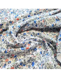 Tissu, Popeline de Coton Fleurie, Bleu sur Fond Blanc, Laize 140 cm, 100% Coton 138g/m² 2