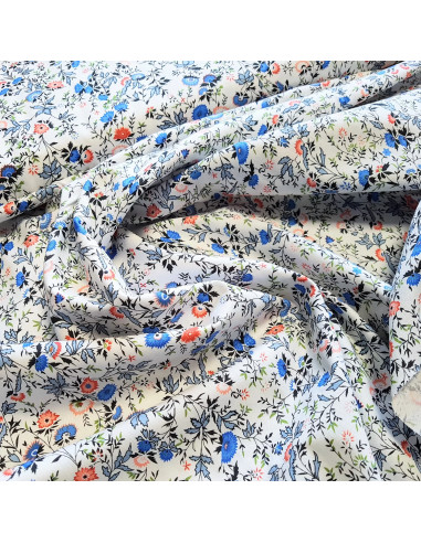 Tissu, Popeline de Coton Fleurie, Bleu sur Fond Blanc, Laize 140 cm, 100% Coton 138g/m²