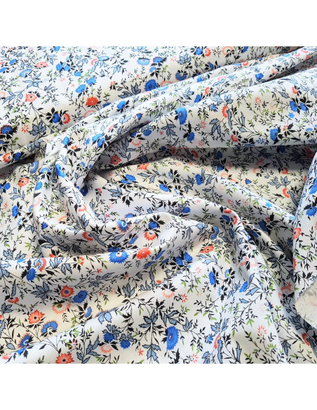 Tissu, Popeline de Coton Fleurie, Bleu sur Fond Blanc, Laize 140 cm, 100% Coton 138g/m²
