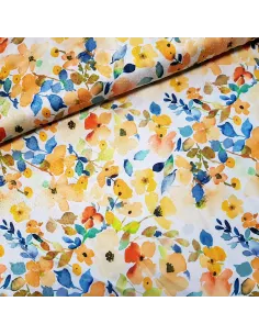 Tissu, Microfibre Satinée Fleurs, Jaunes et Bleus, Laize 145 cm, 97% Polyester 3% Elasthanne