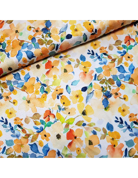 Tissu, Microfibre Satinée Fleurs, Jaunes et Bleus, Laize 145 cm, 97% Polyester 3% Elasthanne