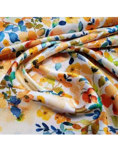Tissu, Microfibre Satinée Fleurs, Jaunes et Bleus, Laize 145 cm, 97% Polyester 3% Elasthanne 2