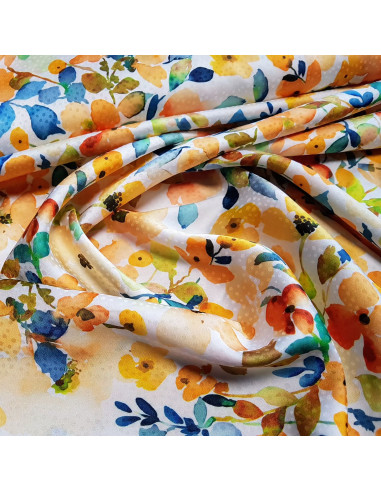 Tissu, Microfibre Satinée Fleurs, Jaunes et Bleus, Laize 145 cm, 97% Polyester 3% Elasthanne