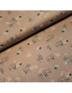 Tissu, Jersey de Coton Imprimé Éléphants, Savane Ensoleillée, Laize 150 cm, Coton Stretch Oeko-Tex