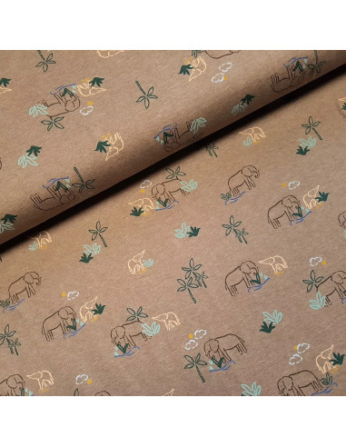 Tissu, Jersey de Coton Imprimé Éléphants, Savane Ensoleillée, Laize 150 cm, Coton Stretch Oeko-Tex
