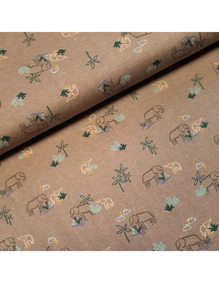 Tissu, Jersey de Coton Imprimé Éléphants, Savane Ensoleillée, Laize 150 cm, Coton Stretch Oeko-Tex
