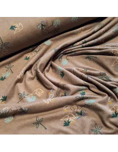 Tissu, Jersey de Coton Imprimé Éléphants, Savane Ensoleillée, Laize 150 cm, Coton Stretch Oeko-Tex 2