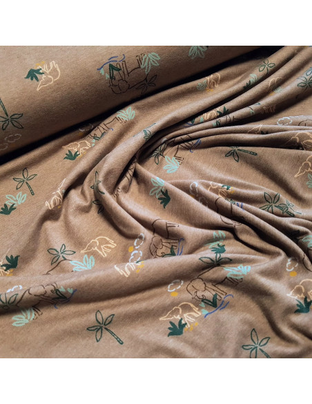 Tissu, Jersey de Coton Imprimé Éléphants, Savane Ensoleillée, Laize 150 cm, Coton Stretch Oeko-Tex