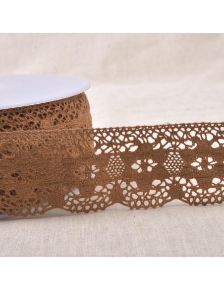 Ruban dentelle coton fleurs, 4,5cm, beige foncé