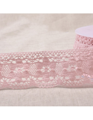 Ruban dentelle coton fleurs, 4,5cm, rose clair