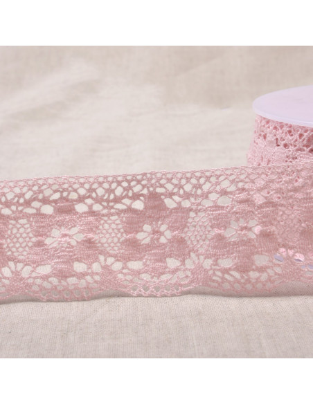 Ruban dentelle coton fleurs, 4,5cm, rose clair