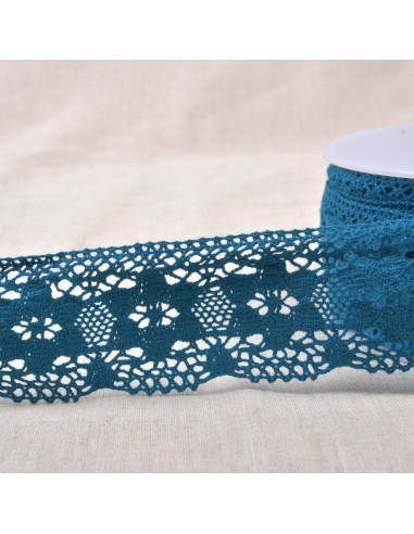 Ruban dentelle coton fleurs, 4,5cm, bleu canard