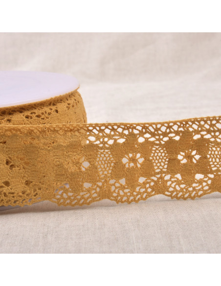 Ruban dentelle coton fleurs, 4,5cm, jaune moutarde