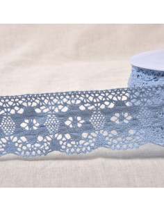 Ruban dentelle coton fleurs, 4,5cm, bleu lavande