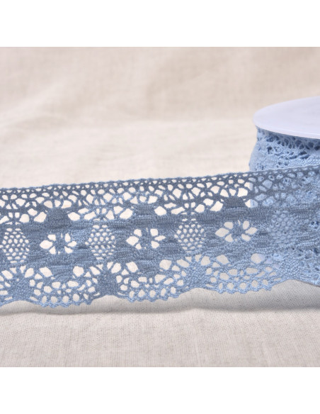 Ruban dentelle coton fleurs, 4,5cm, bleu lavande