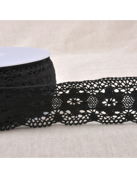 Ruban dentelle coton fleurs, 4,5cm, noir