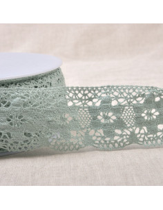 Ruban dentelle coton fleurs, 4,5cm, vert amande