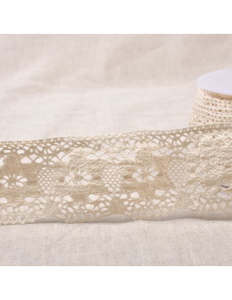 Ruban dentelle coton fleurs, 4,5cm, écru