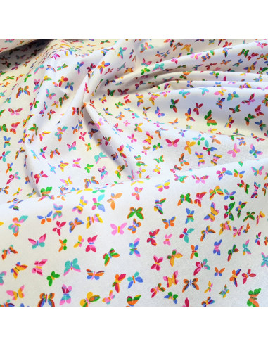 Tissu, Coton Enduit Papillons, Blanc, Laize 160 cm, 100% Coton 190g/ml
