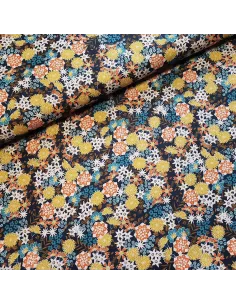 Tissu, Cretonne de Coton Fleurie Akemi, Marine, Laize 150 cm, 100% Coton