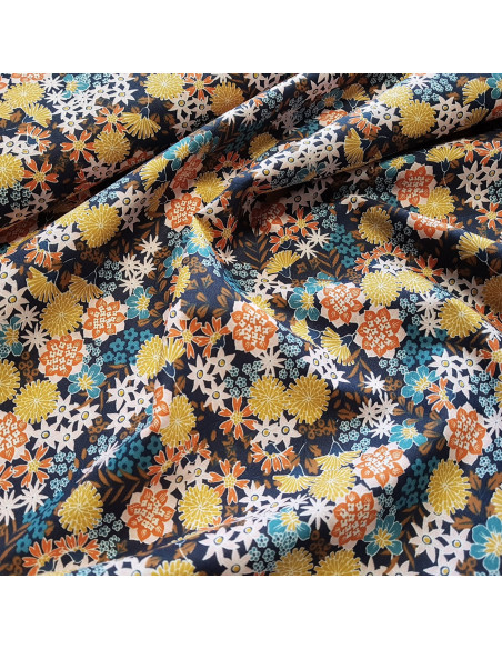 Tissu, Cretonne de Coton Fleurie Akemi, Marine, Laize 150 cm, 100% Coton