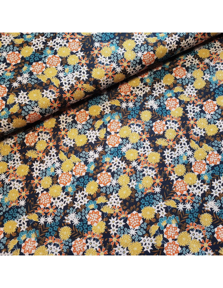 Tissu, Cretonne de Coton Fleurie, Bleu Marine, Laize 150 cm, 100% Coton