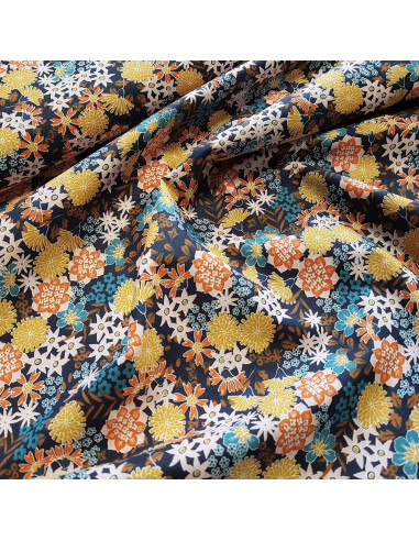 Tissu, Cretonne de Coton Fleurie, Bleu Marine, Laize 150 cm, 100% Coton