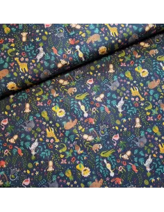 Tissu, Cretonne de Coton Animaux de la Jungle, Bleu Marine, Laize 150 cm, 100% Coton
