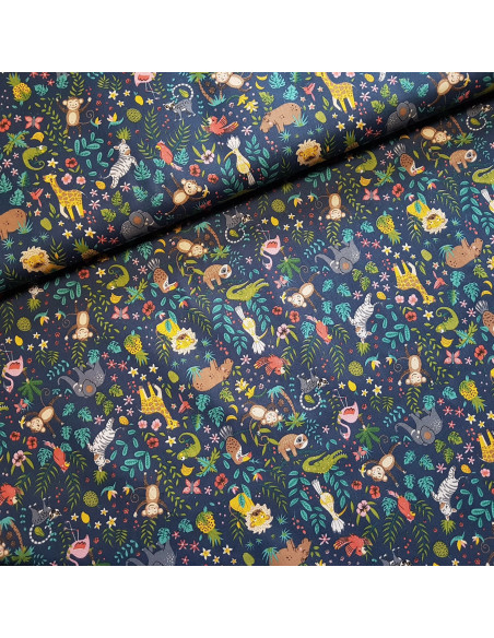 Tissu, Cretonne de Coton Animaux de la Jungle, Bleu Marine, Laize 150 cm, 100% Coton