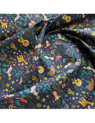 Tissu, Cretonne de Coton Animaux de la Jungle, Bleu Marine, Laize 150 cm, 100% Coton