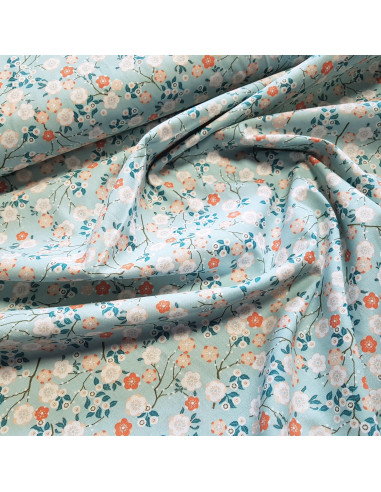 Tissu, Cretonne de Coton, Fleurs Japonisantes Imprimé Multicolore, Laize 150 cm, 100% Coton