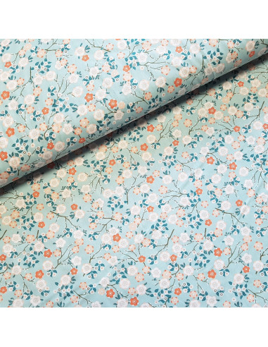 Tissu, Cretonne de Coton, Fleurs Japonisantes Imprimé Multicolore, Laize 150 cm, 100% Coton