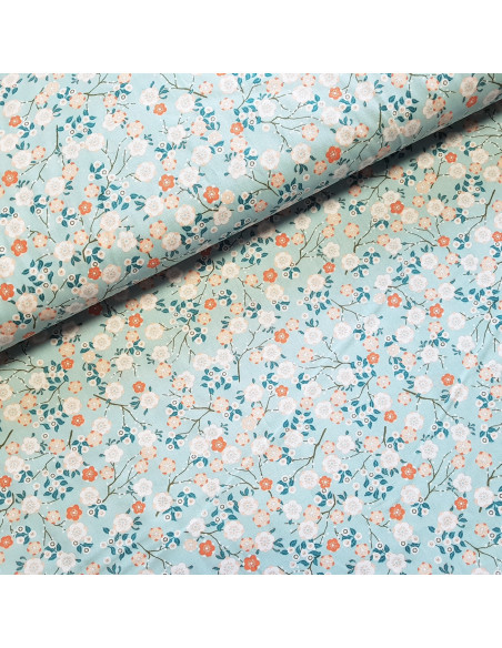 Tissu, Cretonne de Coton, Fleurs Japonisantes Imprimé Multicolore, Laize 150 cm, 100% Coton
