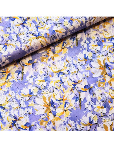 Tissu, Microfibre Satinée Floral Abstrait, Violet, Laize 145 cm, 97% Polyester 3% Elasthanne