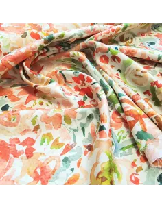 Tissu, Microfibre Satinée Floral Abstrait, Vert & Orange, Laize 145 cm, 97% Polyester 3% Élasthanne 2