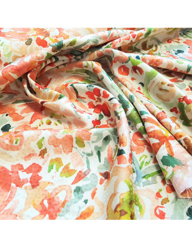 Tissu, Microfibre Satinée Floral Abstrait, Vert & Orange, Laize 145 cm, 97% Polyester 3% Élasthanne