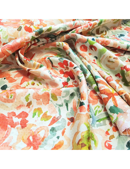 Tissu, Microfibre Satinée Floral Abstrait, Vert & Orange, Laize 145 cm, 97% Polyester 3% Élasthanne