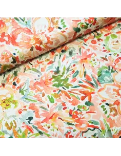 Tissu, Microfibre Satinée Floral Abstrait, Vert & Orange, Laize 145 cm, 97% Polyester 3% Élasthanne