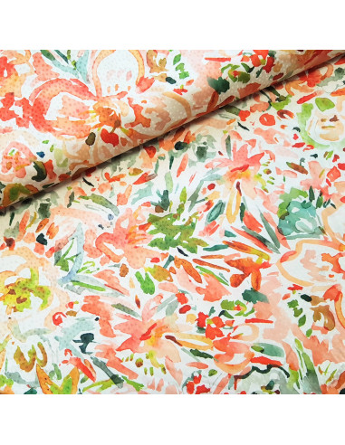 Tissu, Microfibre Satinée Floral Abstrait, Vert & Orange, Laize 145 cm, 97% Polyester 3% Élasthanne